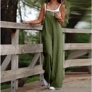 2025 European & American Fashion Casual New Style Women’s Cotton‑Linen Strappy Jumpsuit/Overalls with Pockets — Gray, Green, Blue