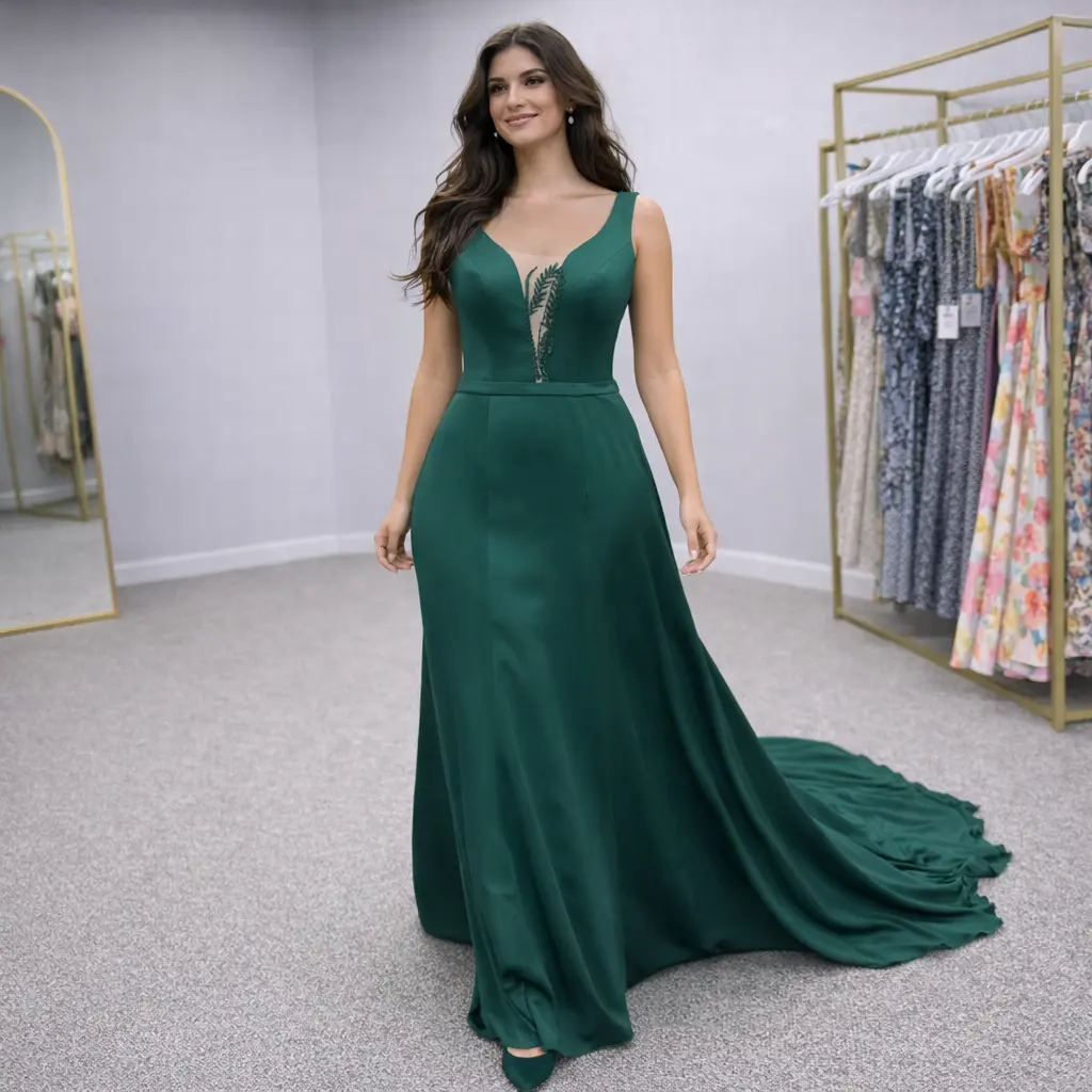 Lalah Emerald Green Evening Gown with Illusion Beaded V-Neck & Back Detail