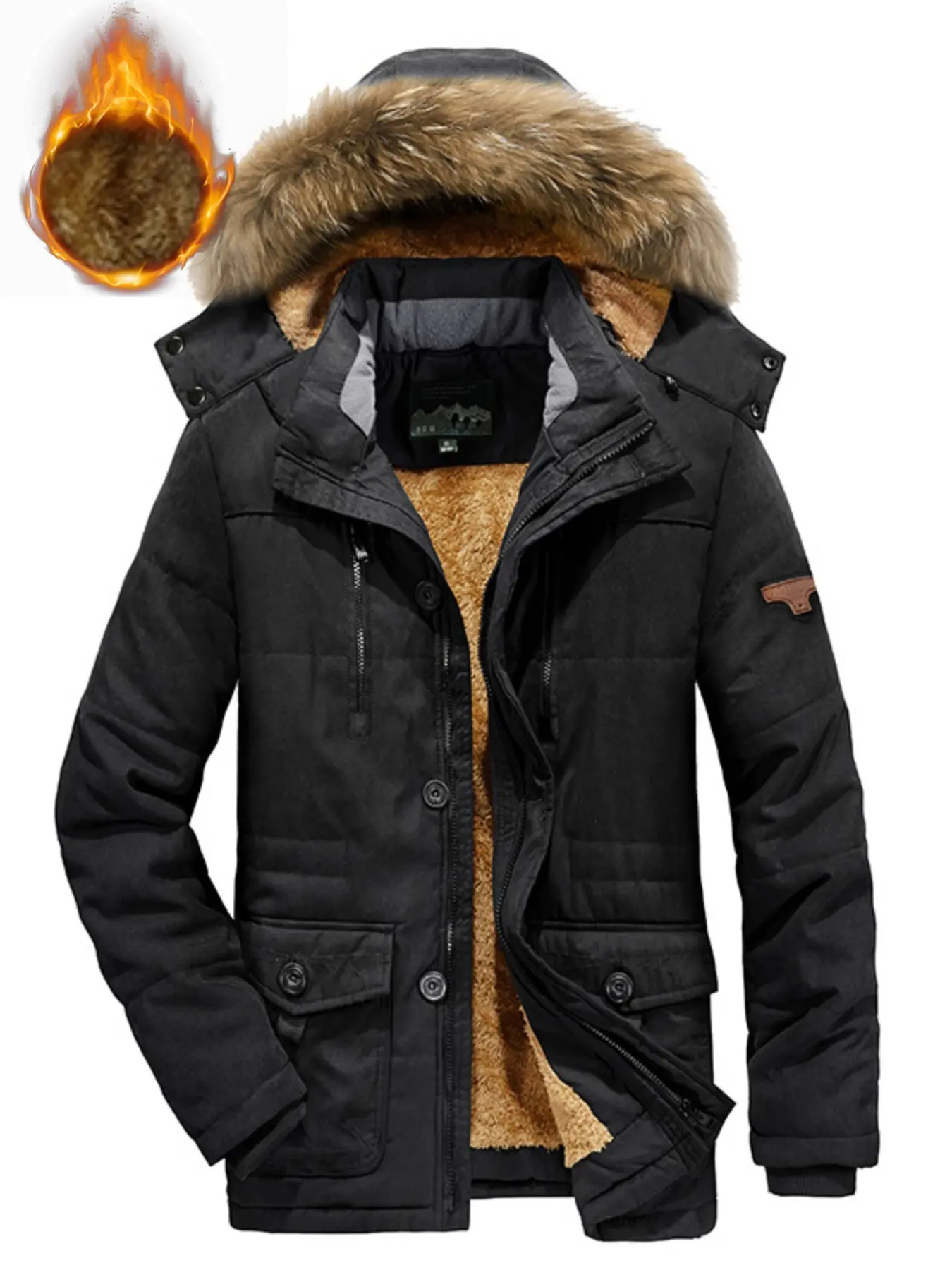 New Men's Hooded Fleece Long Sleeve Fitted Jacket - Thickened Autumn/Winter Outerwear with Fur Collar for Outdoor Snowy Weather, Casual Warm Thick Coats with Pockets and Zipper