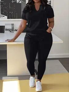 2025 Summer New Arrivals Plus Size Women's Two Piece Outfit Casual Lounge Set - Soft Breathable Fabric Short Sleeve Top & Elastic Waist Long Pants with Pockets | Comfortable Matching Set, Trendy Oversized Womenswear