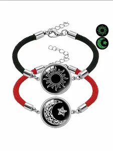Luminous Sun and Moon Couple Bracelet, Glow-In-The-Dark Braided Leather Jewelry, Adjustable Long Distance Love Gift for Couples