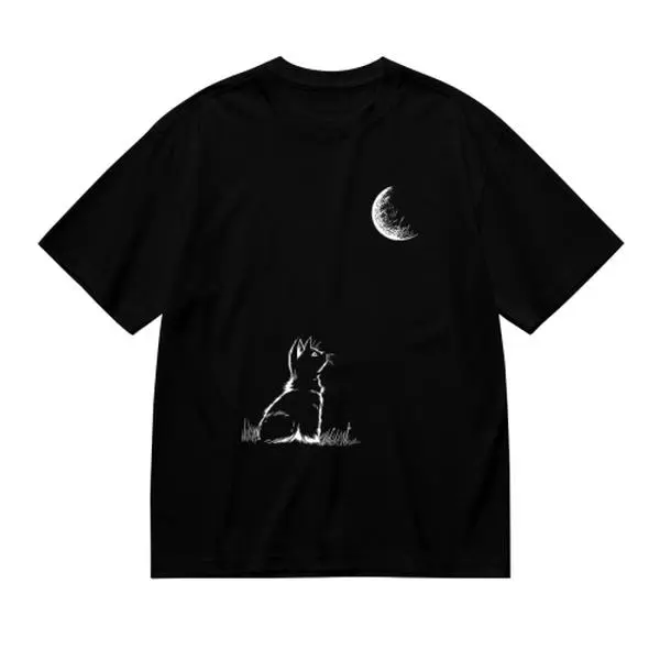 [100% Cotton] Cotton Short Sleeve  T-Shirt Men's Fashion Abstract Moon & Kitten Print T-Shirt - Casual Round Neck Short Sleeve Tee for Summer, Perfect for Leisure & Camping  Golf Gift T-Shirt For Men and Women
