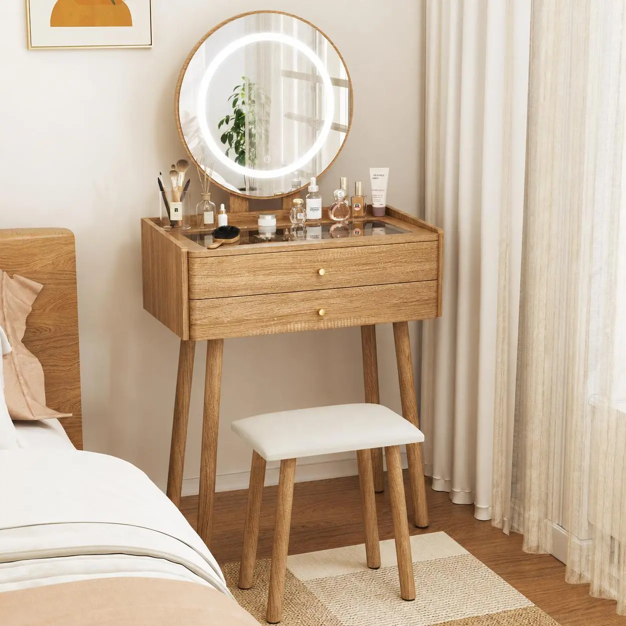 summergarden Mini-LED Makeup Vanity - Small Wooden Stylish High-Brightness Color-Adjustable Makeup Vanity Desk with Mirror, Lights, Drawers, Adjustable Brightness, Space-Saving for Narrow Spaces, Stylish Makeup Vanities