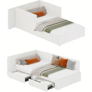 Garvee Twin Daybed with 2 Storage Drawers, Corner Bed Frame with Extended Headboard and Bed Rails, Velvet Upholstered Sofa Bed with Guardrail for Bedroom, Guest Room, Adjustable Installation