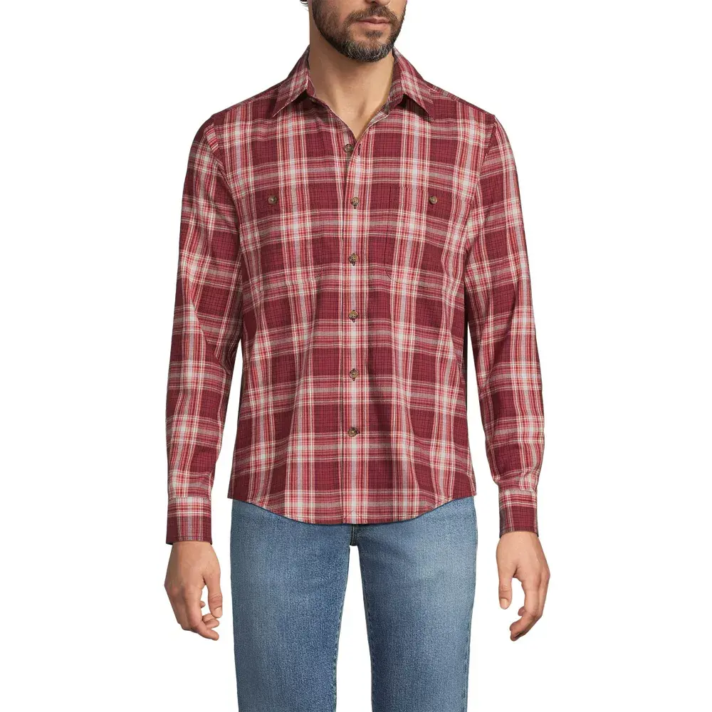 Lands' End Men's Lightweight Coastal Flannel Shirt - X Large - Burgundy Spritz Plaid, Plush, Spandex, Smooth, Alternative, Garment, Basic