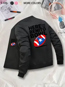 Fashionable Trendy Unisex Benito Bowl Football Printed Graphic Baseball Jacket, Casual Zip-Up Jacket, Long Sleeves, Stand Collar, Polyester Knit Fabric, Slim Fit, Fitted, Pocket Detail, Perfect for Fall & Winter