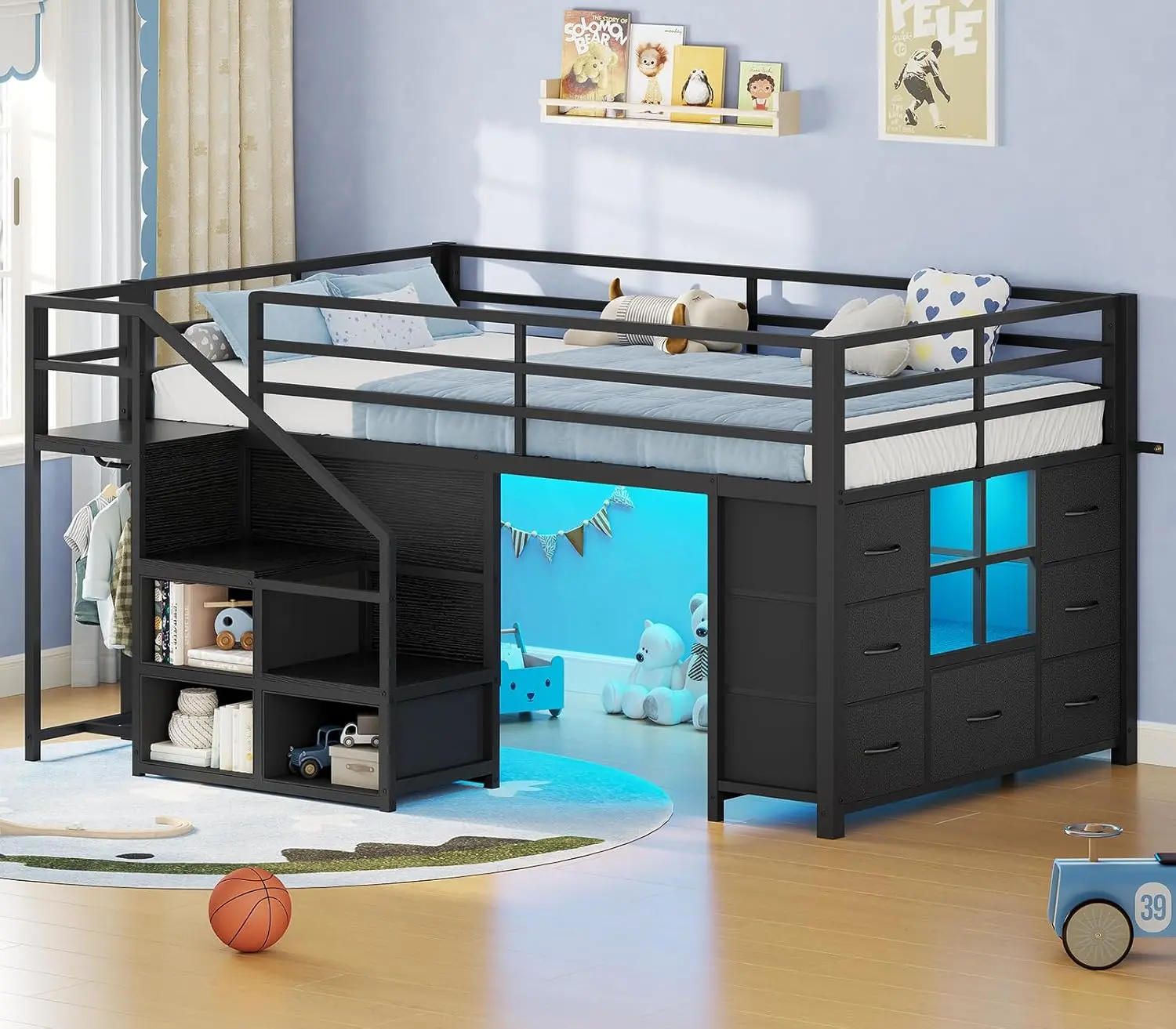 Sikaic Twin Size Low Loft Bedframe with Stairs - Metal-Steel Construction, 7 Storage Drawers, LED Lighting, 3 Open Cubbies, Clothes Rail, Safety Guardrails, Under-Bed Play Area, Cubbybed Indoor Furniture (Back to School)