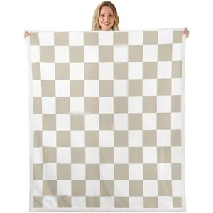 Checkered Throw Teen Men Beige Soft Cozy Fleece 50x60 Inches Kids Boys Girls Cute Retro Neutral Checkerboard Geometric Vintage Room