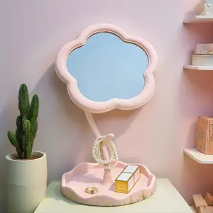 Floral Pattern Glass Makeup Vanity Mirror with Adjustable Stand, Portable Polished Plastic Frame, Ideal for Dressing Table, Bedroom, Bathroom Decor, Home Decor Mirror