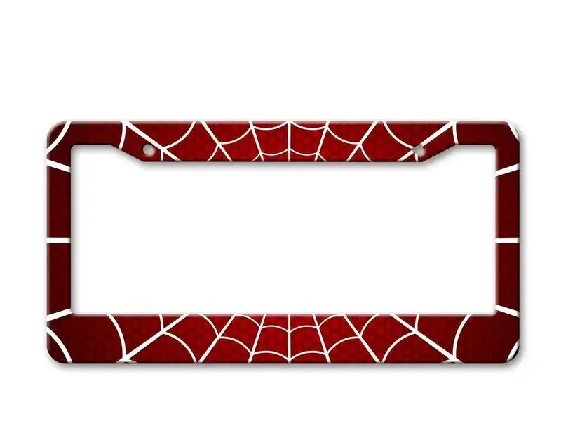 Metal White Red Cellular License Plate Frame - Cute Spider Mesh Pattern Car Tag Cover with Screws Caps, Anime Superhero Auto Exterior Accessory Gift for Men, Fits US 12x6 in