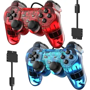 Wired Controller for PS-2 High Performance Double Shock Gamepad Joystick Remote Compatible with Play 2 (Clear Red and Clear Blue)