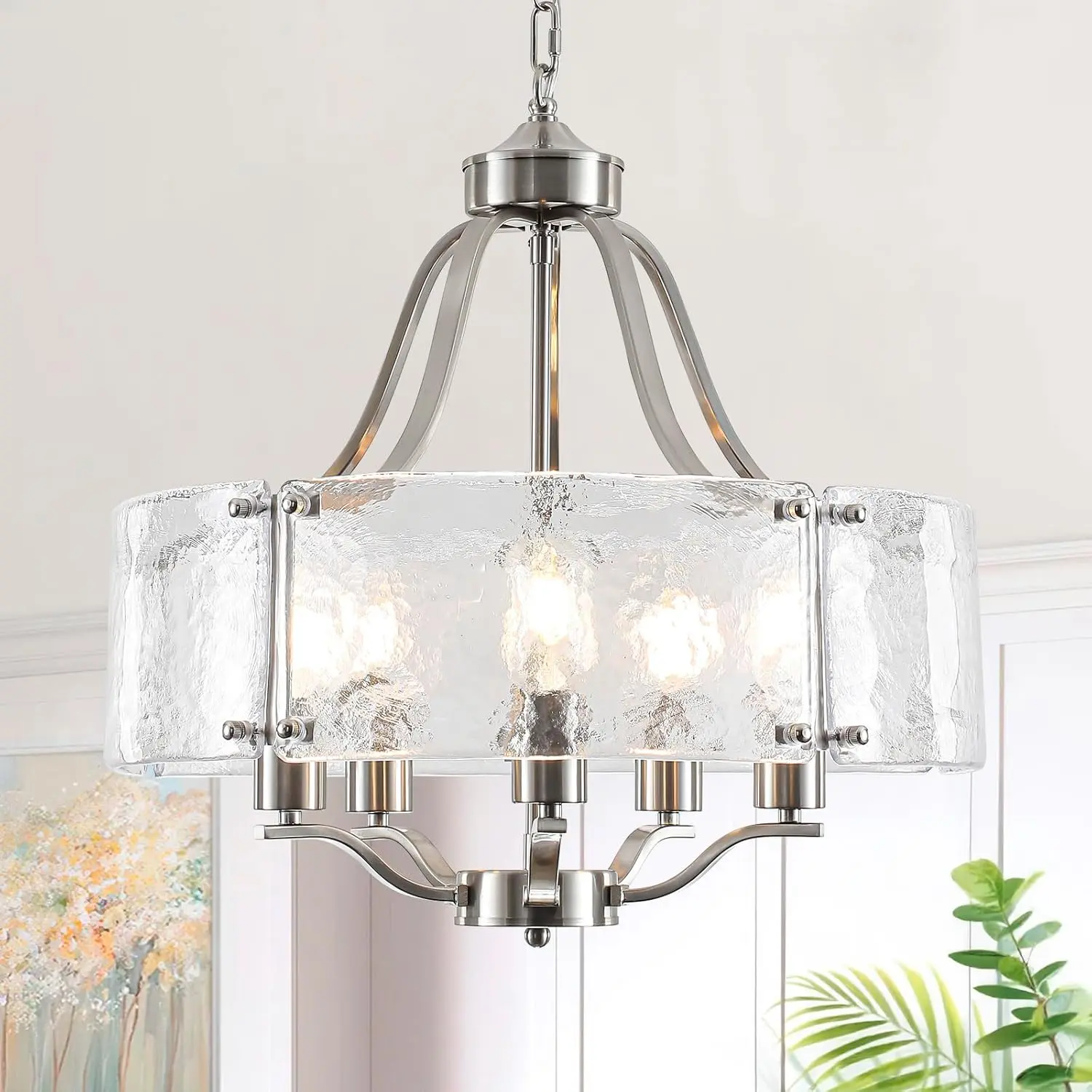 5-Light 19.7in Brushed Nickel Glass Chandelier - Chain Wire, 18-20 Inch, Brushed Metal, Corded - Modern Farmhouse Hanging Light for Dining Room, Entryway, Kitchen Island, Chain Wire Chandeliers, 18-20 Inch Chandeliers