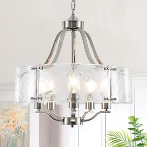 19.7'' Brushed Nickel Glass Chandeliers for Dining Room, 5-Light Modern Farmhouse Chandelier for Entryway, Round Hanging Light Fixture for Kitchen Island Living Room Bedroom Foyer Hallway