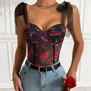 Fashion Mesh Print Sexy Floral Underwire Strap Jumpsuit