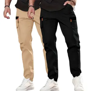 2 Pieces Men's Casual Solid Color Sports Pants with Multi-Functional Pockets Lightweight Soft Polyester Fiber