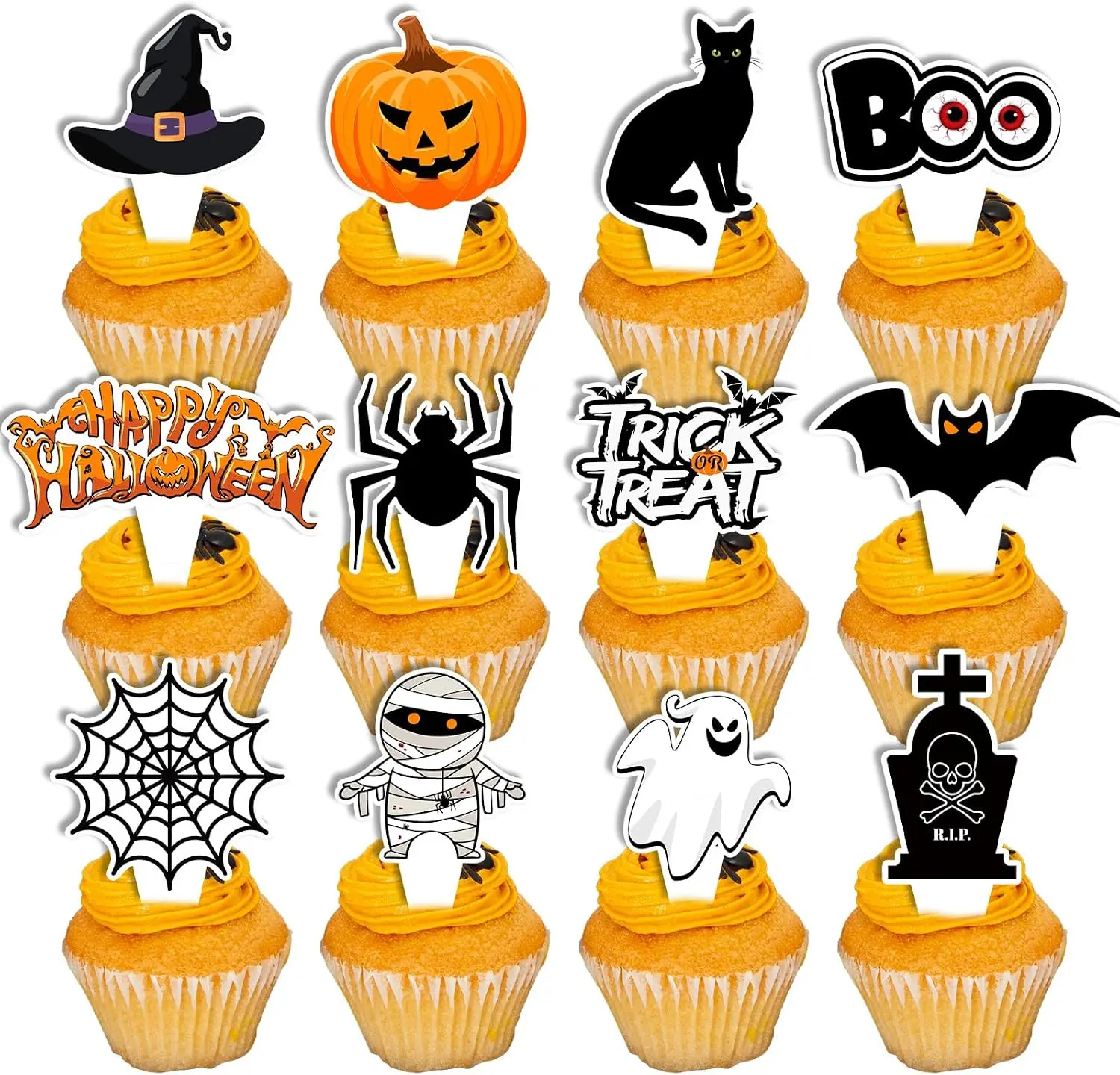Halloween Pumpkin Cupcake Toppers 36pcs | Non-Edible Cake Decor, Spooky Theme, Birthday Parties, Kids Adults Party, Cupcake Liners