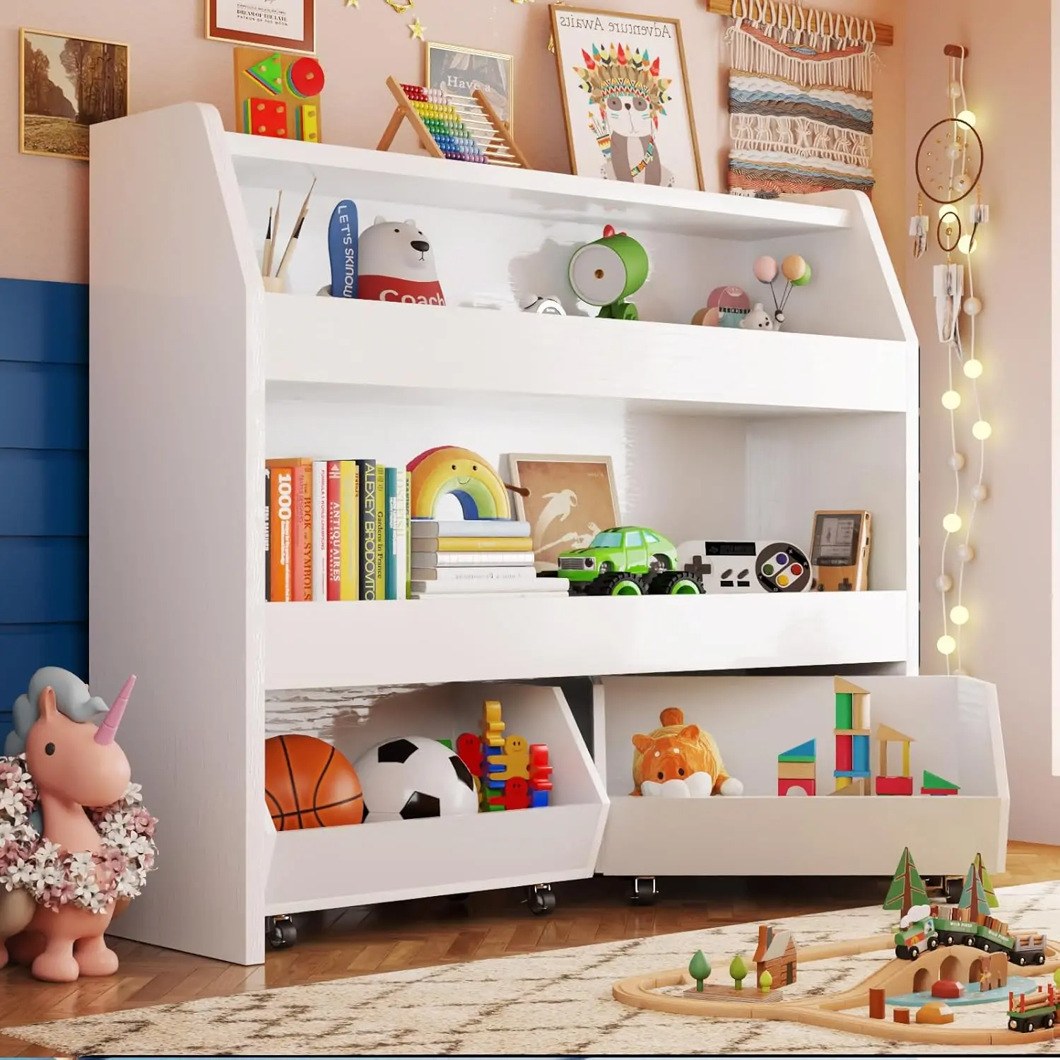 LAST CALL | 3-Tier Rolling Toy Storage Cabinet for Kids - Multiple Versatile Storage for Toys, Pet Items, and Snacks with Wheels, Modern White Design Bookshelf Bookshelf Book Rack Wooden Bookshelf, Book Storage Organizer, Bookshelf Tower
