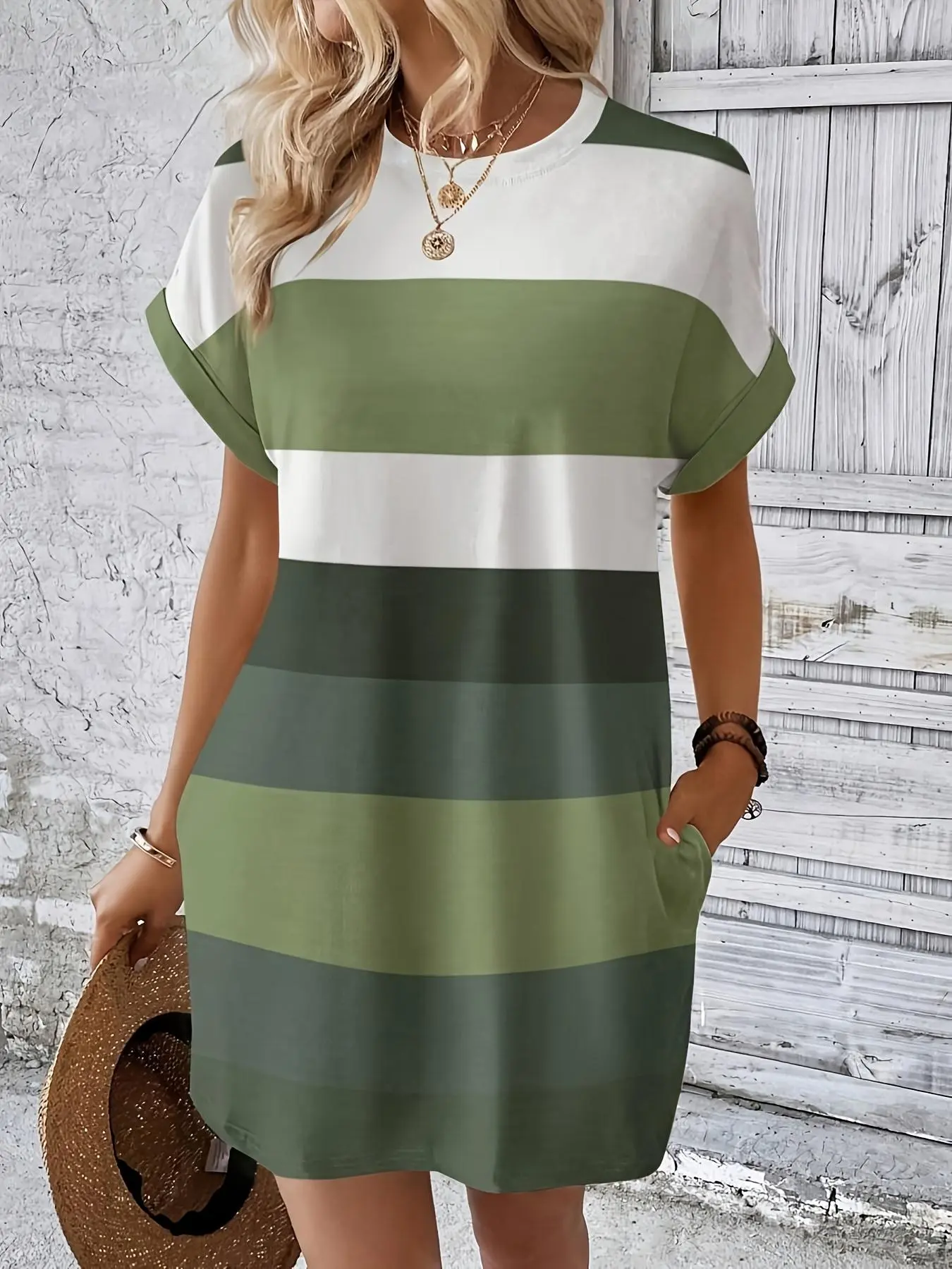 Women's Striped Print Dress, Casual Short Sleeve Fitted Round Neck Dress for Daily Wear, Ladies Summer Dress, Womenswear