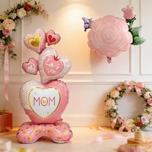 Romantic Heart Mother's Day Rose Balloon Set, Heart Shaped Balloons, 2pcs Large Base Decorations, Perfect for Festival Activities & Room Backgrounds