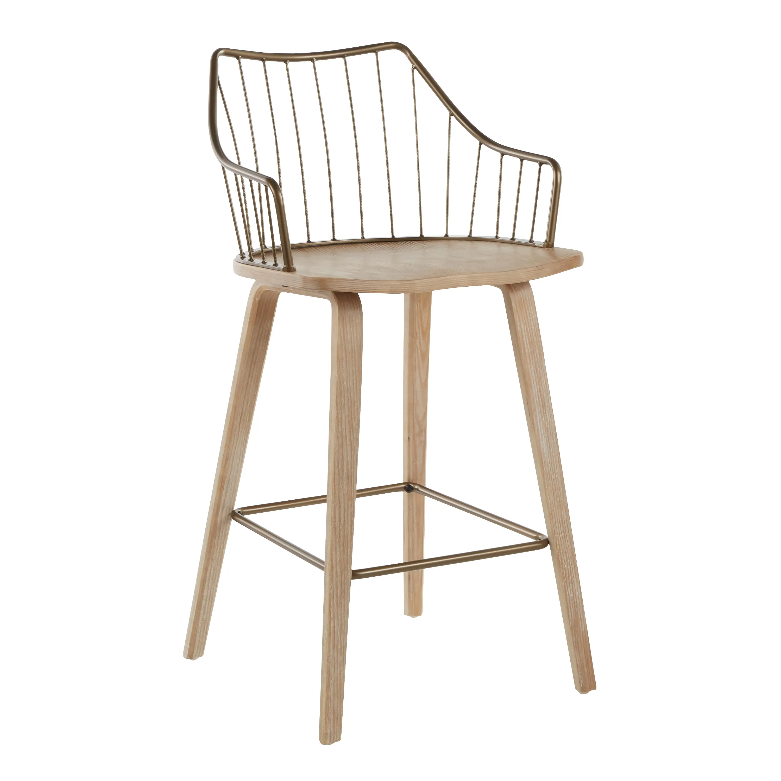 White Washed Wood Counter Stool with Antique Copper Metal Accents