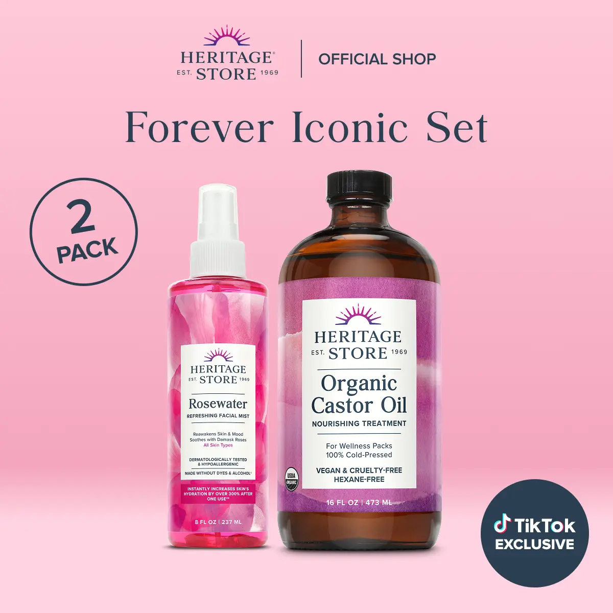 Heritage Store Forever Iconic Skincare Set - 8oz Hydrating Rosewater Facial Mist, 16oz Organic Castor Oil for Hydrate, Moisture & All Skin Types Boost