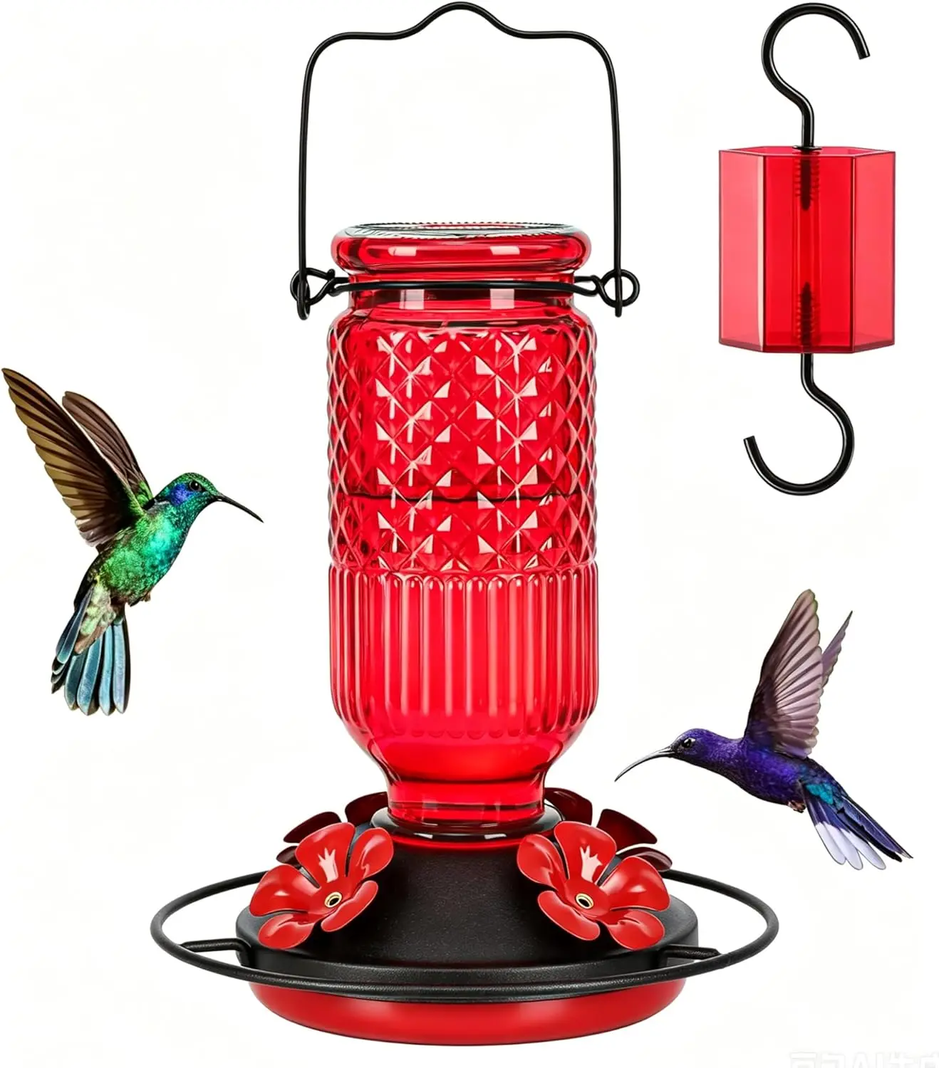 Glass Hummingbirds Feeder for Outdoors Hanging, 16 oz Leak-Proof Nectar Feeder with Bee Guards & Ant Moat, 4 Metal Flower Feeding Ports, 360° Perch Ring, Easy Refill & Clean