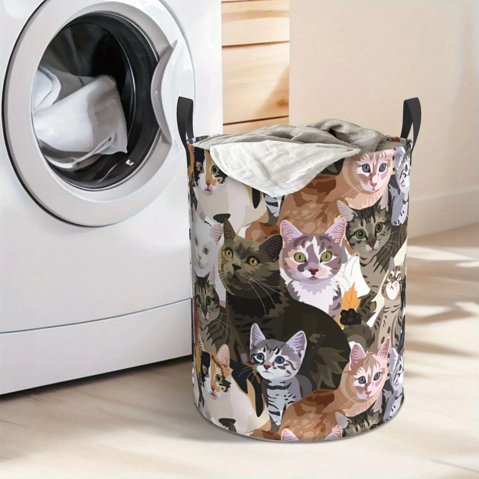 Collapsible Cute Cat Pattern Laundry Basket - Sturdy Handle, Easy Store & Portable Oxford Cloth Hamper