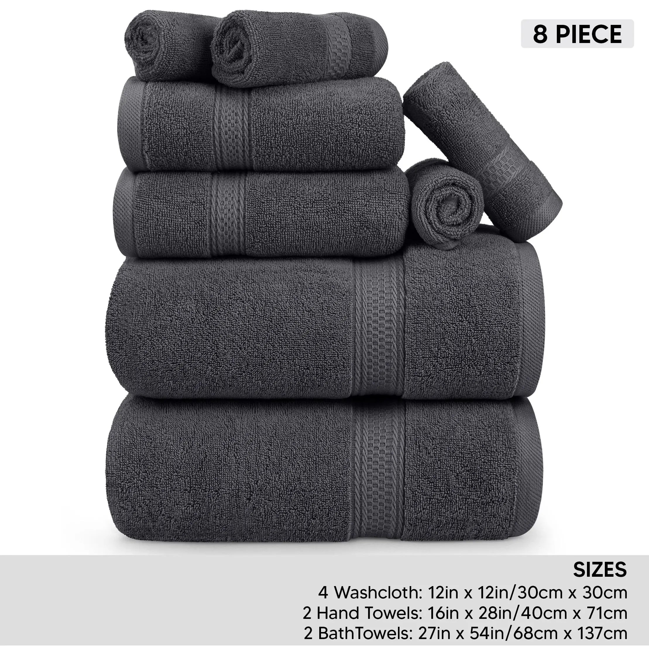 Utopia Towels Unisex 8-Piece Premium Set - 2 Bath, 2 Hand, 4 Wash Cloths - 600 GSM 100% Ring Spun Cotton, Luxury Absorbent Hotel-Style - Towel Sets for Bathroom (Grey)