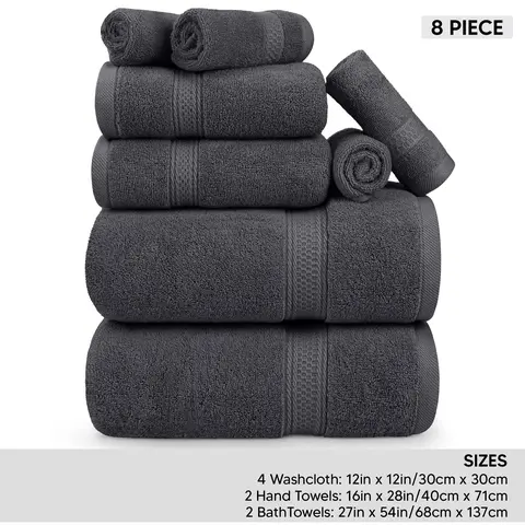 Utopia Towels Unisex 8-Piece Premium Bundle Towel Sets - 2 Bath, 2 Hand, 4 Wash Cloths, 600 GSM 100% Ring Spun Cotton Fabric, Luxury Highly Absorbent Hotel Quality, Double Stitched Hems, for Bathroom, Gym (Grey)