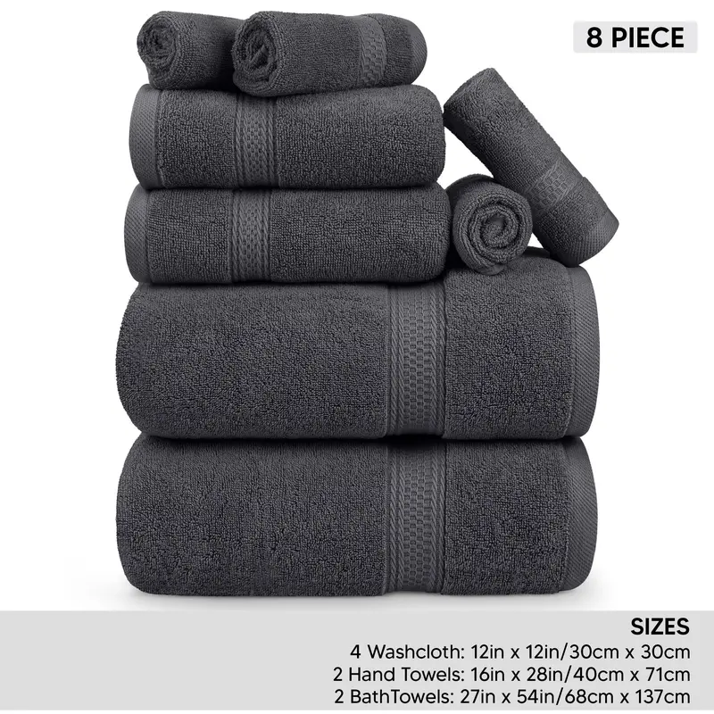 Utopia Towels Unisex 8-Piece Premium Bundle Towel Sets - 2 Bath, 2 Hand, 4 Wash Cloths, 600 GSM 100% Ring Spun Cotton Fabric, Luxury Highly Absorbent Hotel Quality, Double Stitched Hems, for Bathroom, Gym (Grey)