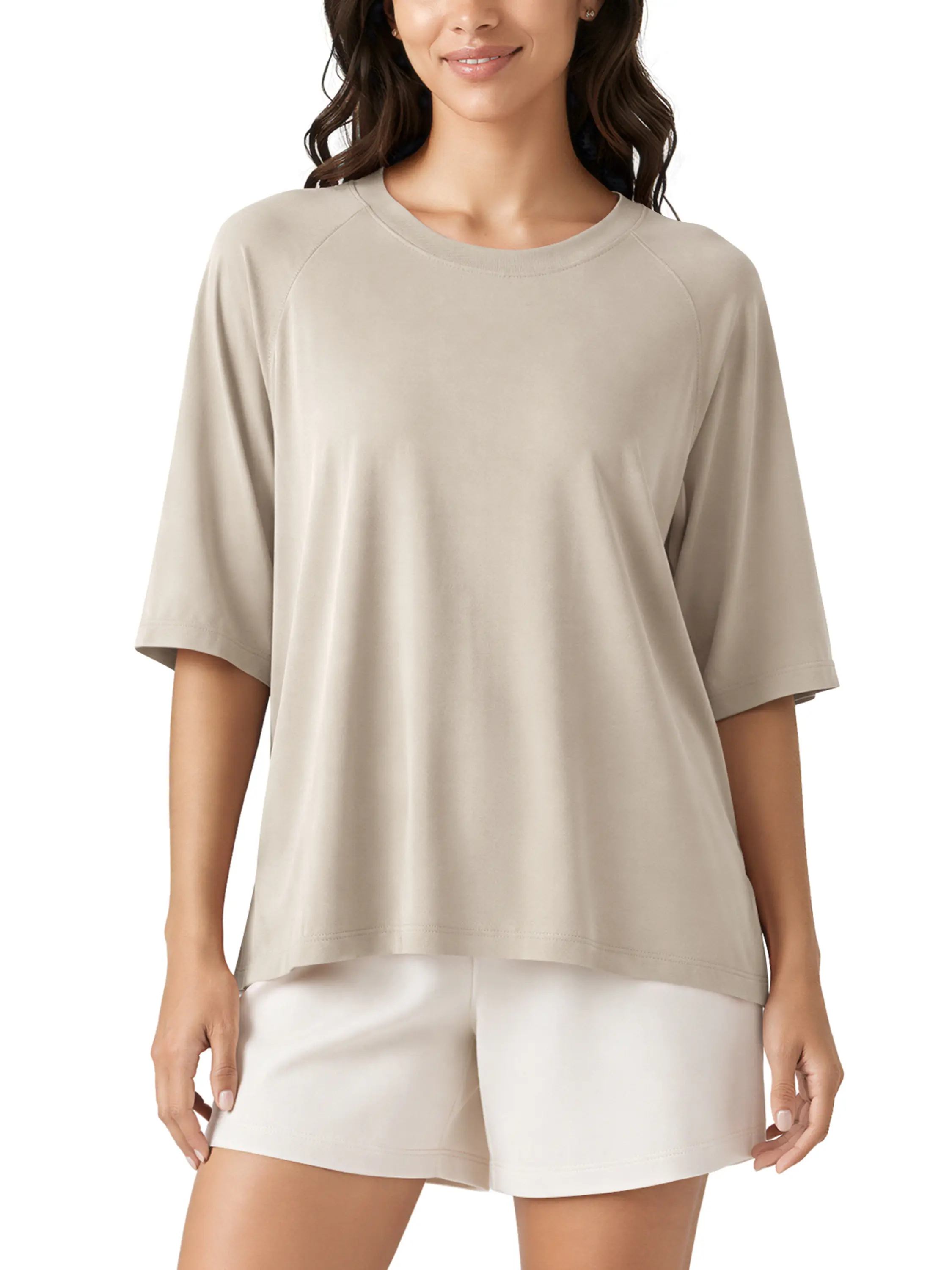 ODODOS Women's Side Split Tee Modal Soft Raglan Short Sleeve, Relaxed Fit Casual Lounge T-Shirts Yoga Tops