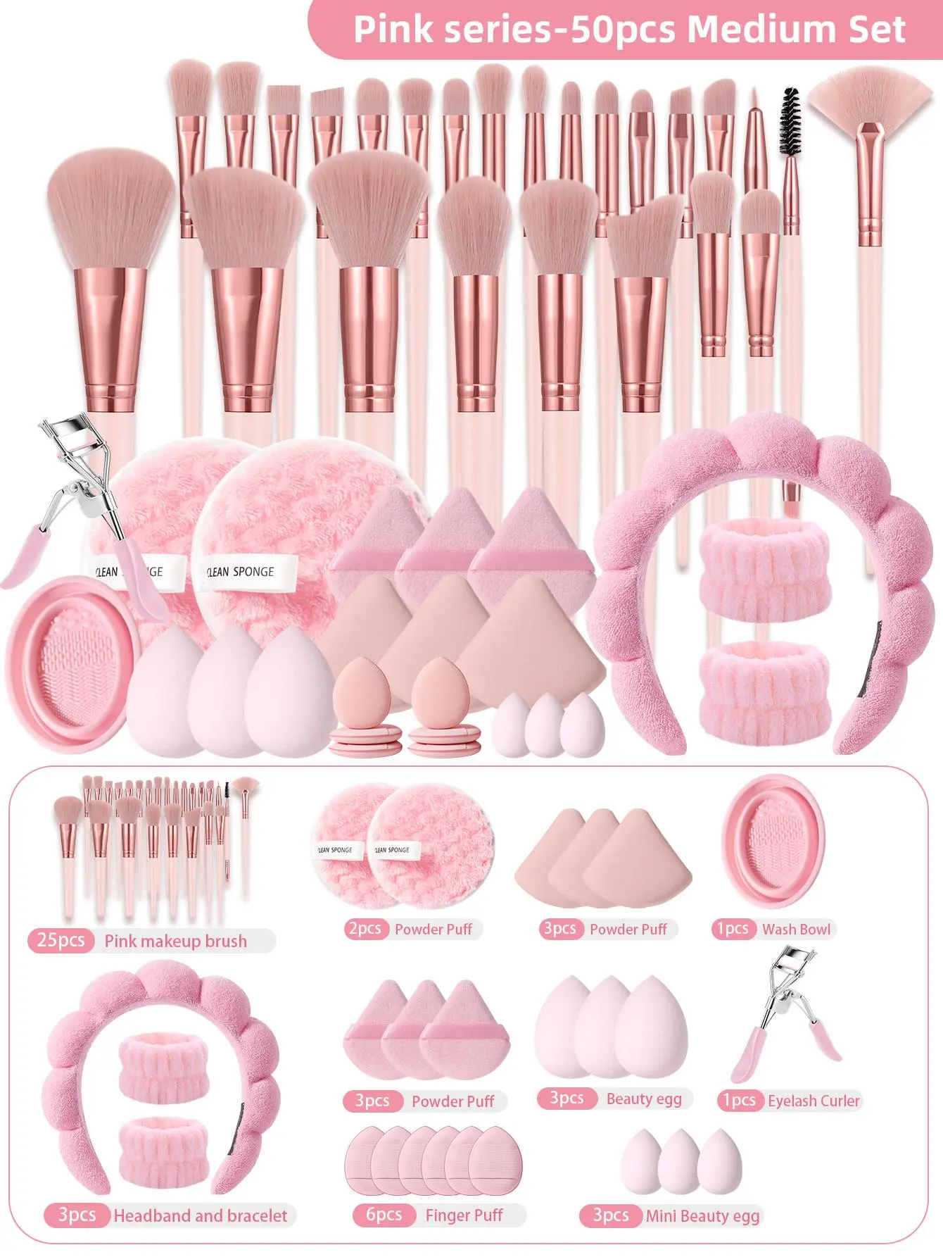 50-Piece Makeup Tool Set – Brushes, Powder Puffs & Accessories
