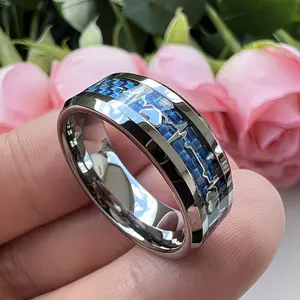 8mm Titanium Steel 201 Stainless Steel Ring for Men and Women - Heartbeat Carbon Fiber Inlay, Uncoated Durable Design, Wedding Promise Jewelry, Titanium Wedding Ring, Sturdy Structure, Scratch-Resistant and Wear-Resistant, Comfortable to Wear