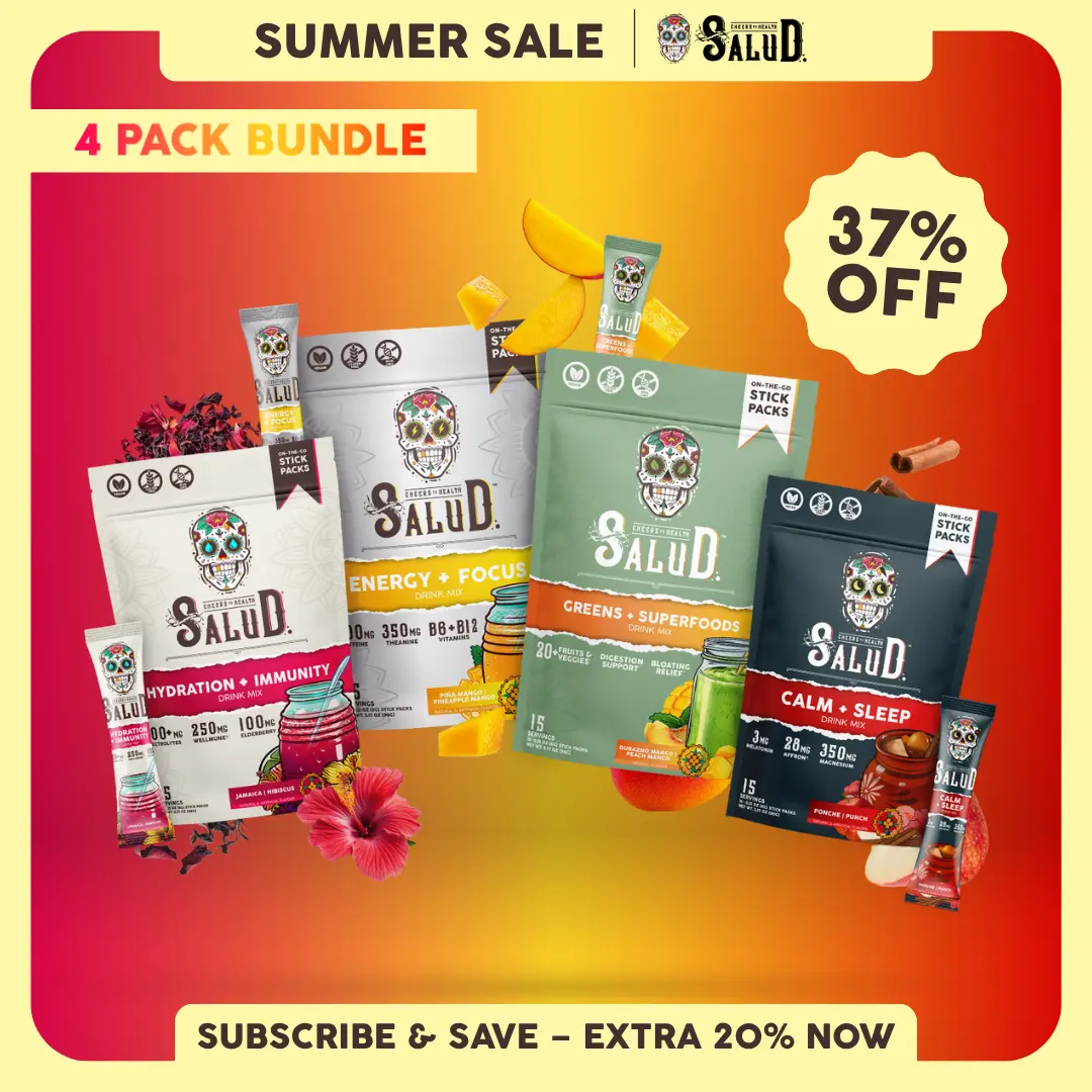 Salud 2-in-1 [All-In-One Bundle] Agua Fresca Drink Mix, Energy + Focus, Hydration + Immunity, Greens + Superfoods & Calm + Sleep, Organic Caffeine, Electrolytes, Probiotics, Melatonin, Non-GMO, Vegan (4-Pack, 60 Servings)