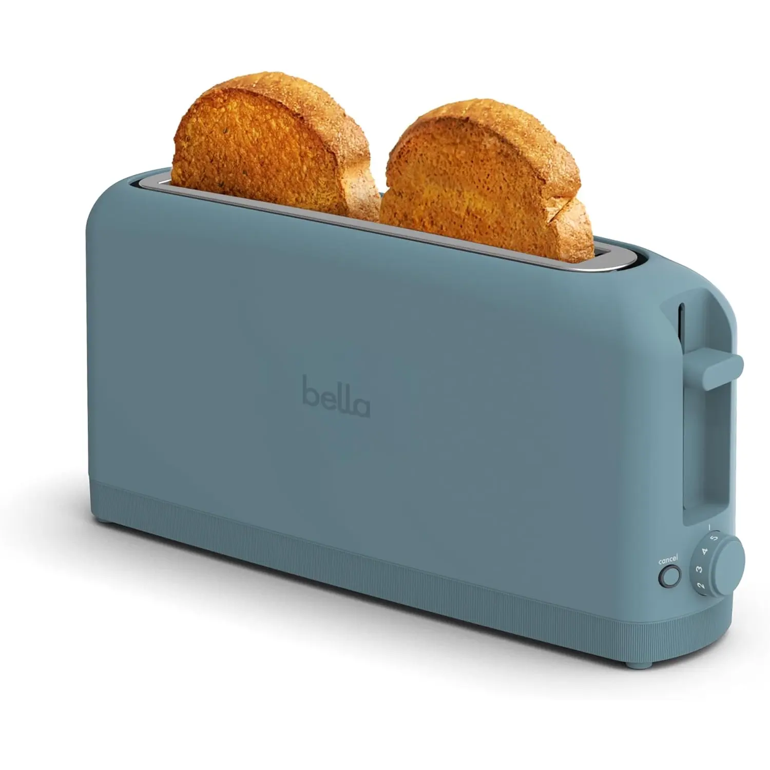 Bella 2 Slice Slim Toaster, 6 Setting Shade Control W Reheat and Cancel Buttons, Removable Crumb Tray, 10” Long Slot, anti Jam & Auto Shutoff, Auto Centering Guides and Cord Wrap, 900 Watt, Surf BELLA toast  serving