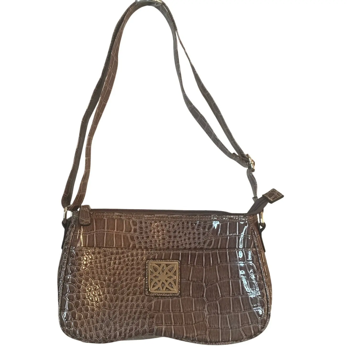 Rosetti Faux Croc Embossed PVC Shoulder Bag Taupe Patent Zip Top Baguette Purse