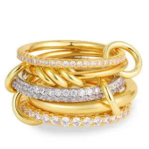 HENSY Y2K Deconstruction Stacking Ring – Two-Tone 18K Gold Plated – Multi-Layer Interlocking CZ Band – Textured & Polished Finish – Statement Layered Ring, Party Wear, Interlocked