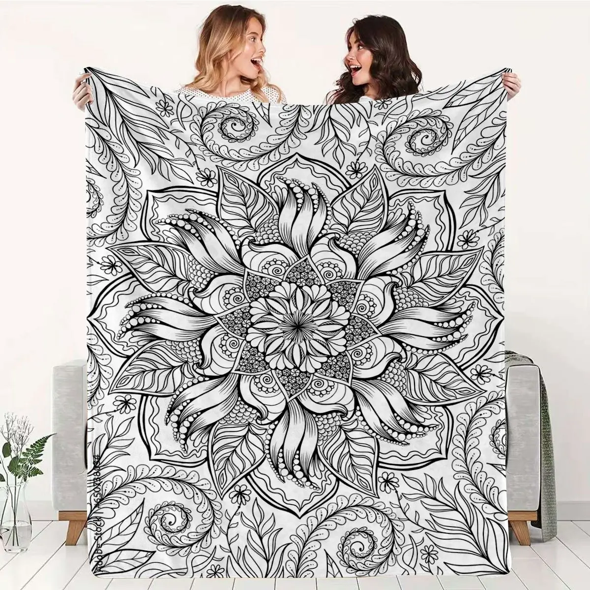 Coloring Blanket, Graphic Throw Blanket, Floral Print Blanket for Adults - Flannel Mandala And Line Art Throw with English Patterns, Coloring Pages, Portable Travel Shawl, Hand-Painted Gift for Bed, Sofa, Home And Outdoor Use, Birthday