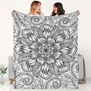 Coloring Blanket, Floral Print Blanket for Adults - Flannel Mandala And Line Art Throw with English Patterns, Coloring Pages, Portable Travel Shawl, Hand-Painted Gift for Bed, Sofa, Multifunctional for Home And Outdoor Use, Birthday