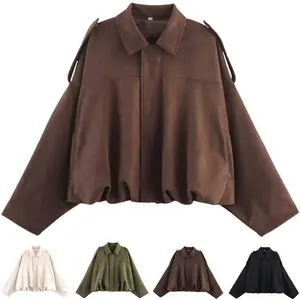 Buenoble Women's Faux Suede Bomber Jackets Cropped Fall Winter Lapel Motorcycle Coats Streetwear Outerwear with Pockets Tops Womenswear Basic Brown Casual Long Sleeve