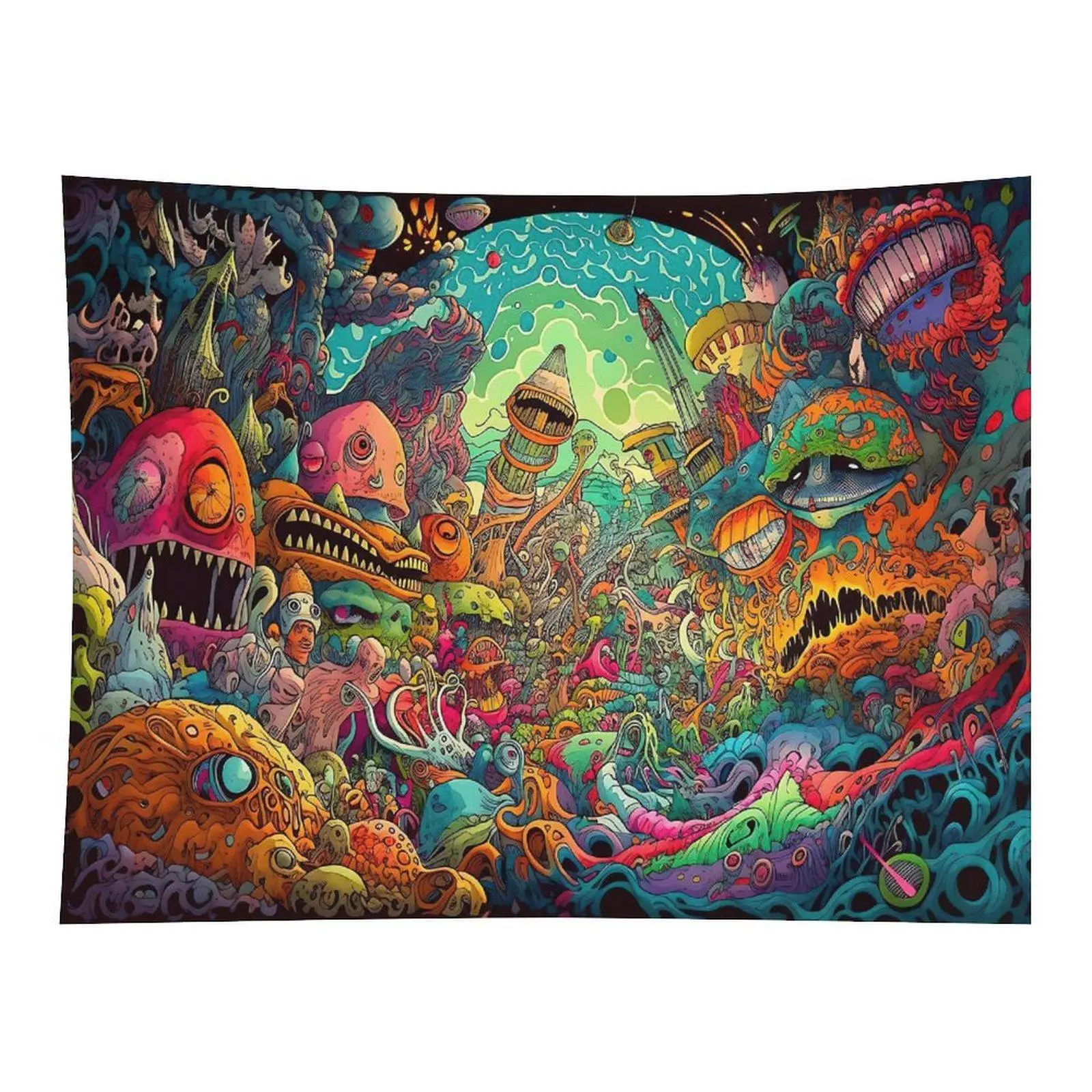 Psychedelic Monster City Fabric Tapestry - Colorful Graffiti Look Rectangular Wall Art, Trippy Cartoon Fantasy Decor for Bedroom Dorm