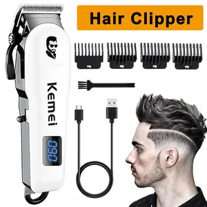 KEMEI Rechargeable Barber Clippers - 0.00mm Steel T-Blade Wireless Hair Trimmer, ABS Compact Cordless Device with 4 Guide Combs, USB Charging, LCD Display, Bonus Brush, Ideal Gift for Men’s Grooming