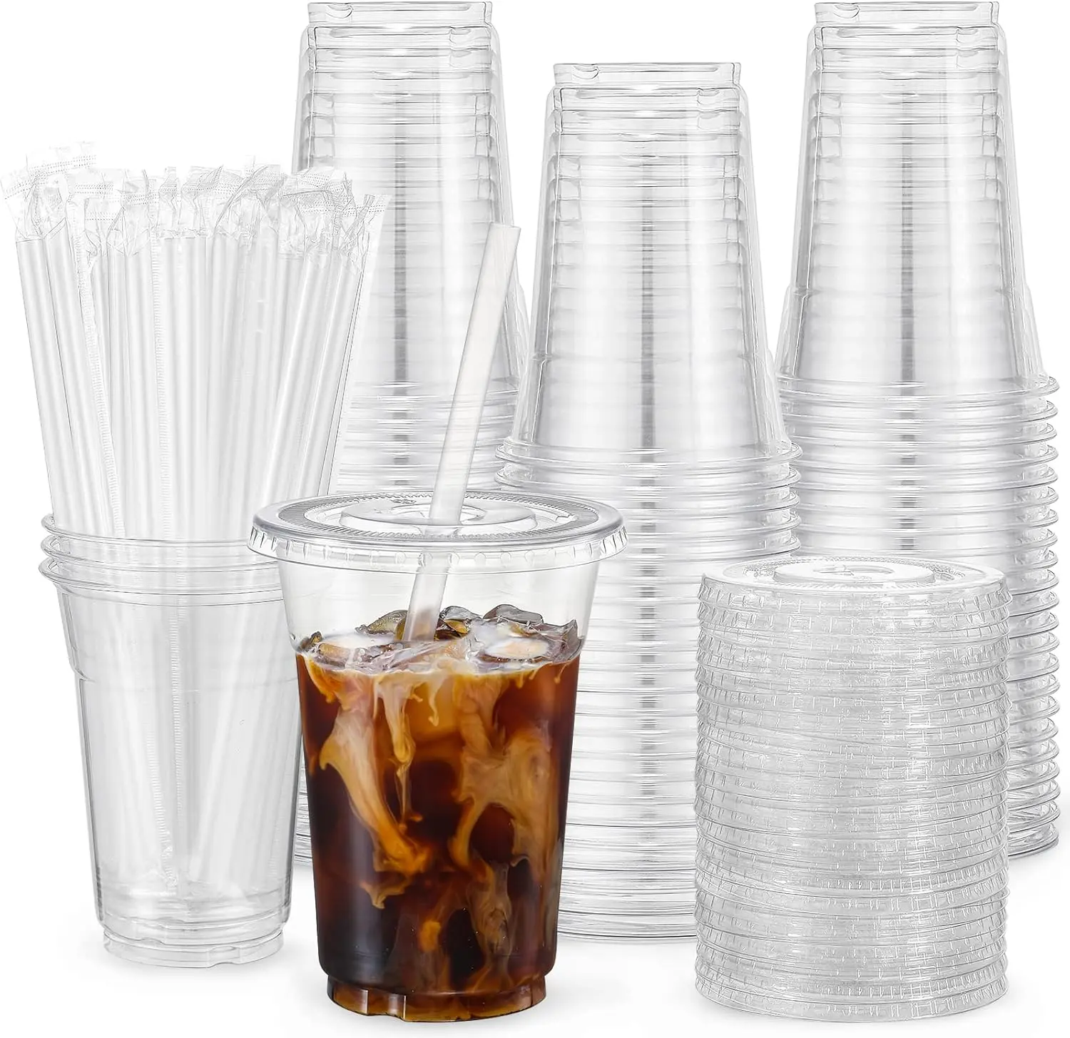 100 Pack 16 oz Clear Plastic Cups with Lids and Straws, Disposable Plastic Coffee Cups with Lids for Iced Coffee, Cold Beverages, Smoothies and To-Go Drinks