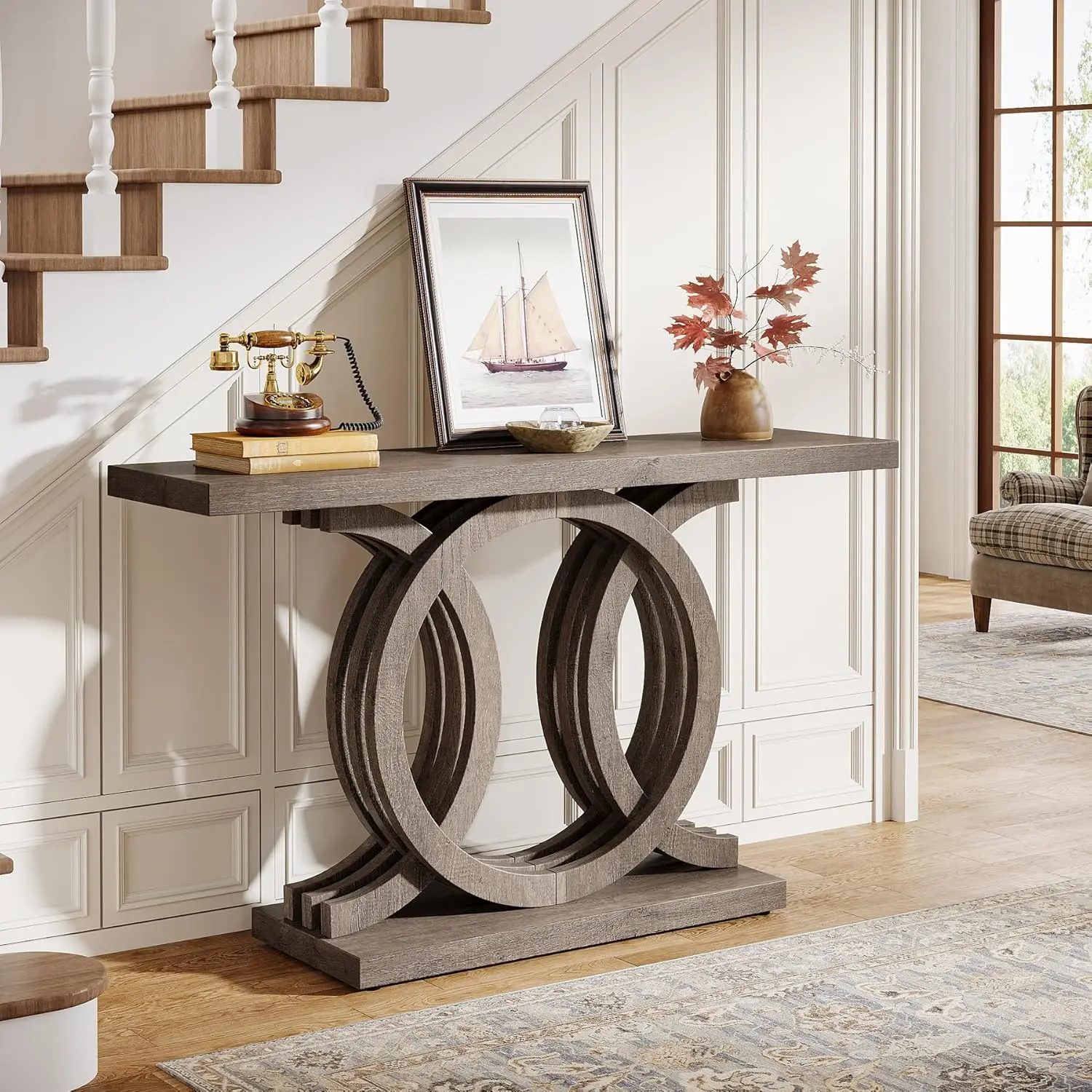 LITTLE TREE 55-Inch Console Table with Geometric Wood Base, Modern Entryway Table with Thick Tabletop for Living Room, Hallway, Foyer