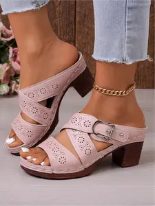 Women's Casual High Heel Sandals Lightweight Solid Color Platform Chunky Heel Slip On Footwear Elegant Minimalist Sandals