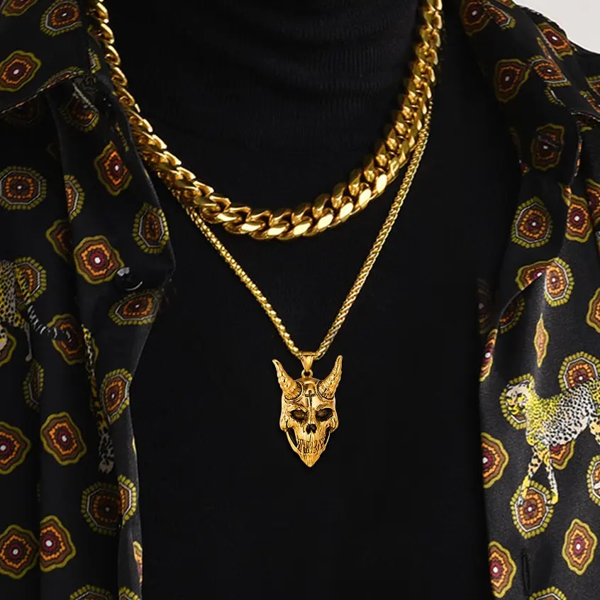 U7 Ram Goat Skull Cross Pendant Chain Necklace, Men's Jewelry Accessory