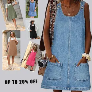 Women's Sleeveless Casual Denim Dress Crewneck Vintage Overall Mini Dress with Pockets Summer Jean Womenswear Breathable Loose Fit Soft Cotton Outdoor Short Basic Strappy Blue Minimalist Piece