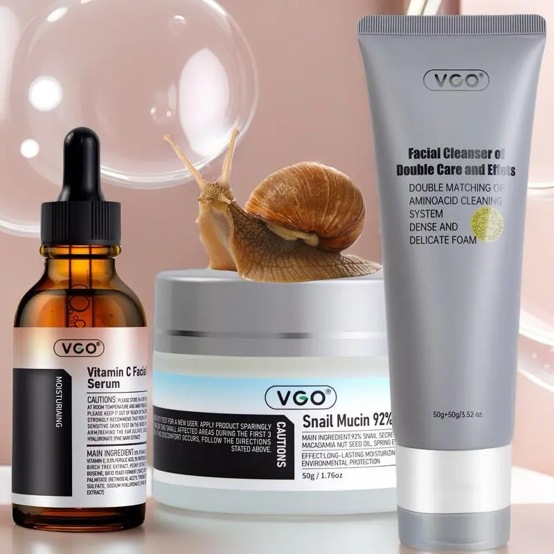 VGO 3-Piece Skincare Set - Charcoal Cleanser, Vitamin C Serum, Snail Mucin Moisturizer for Cleansing, Repair & Hydrate, Suitable for All Skin Types