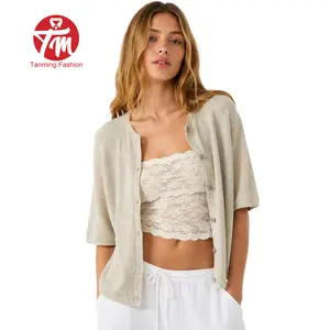 Tanming Women's Short Sleeve Cardigan Sweaters Crew Neck Soft Ribbed Knitting Button Down Tops Lightweight Breathable Summer Layering Cover Up Knitwear Top Flattering Fit for Casual Office Work Travel Springfresh Womenswear #SpringStatements