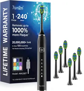 7AM2M Sonic Electric Toothbrush for Adults, Type-C Charging, 120-Day Runtime, 6 Brush Heads, 5 Modes, 40000VPM Oral Cleansing Rechargeable Toothbrush for Home & Travel (Black)